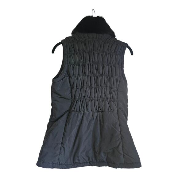 Calvin Klein Womens M Vest Black Faux Fur Collar Gold Zip Pockets Smocking - Picture 2 of 11